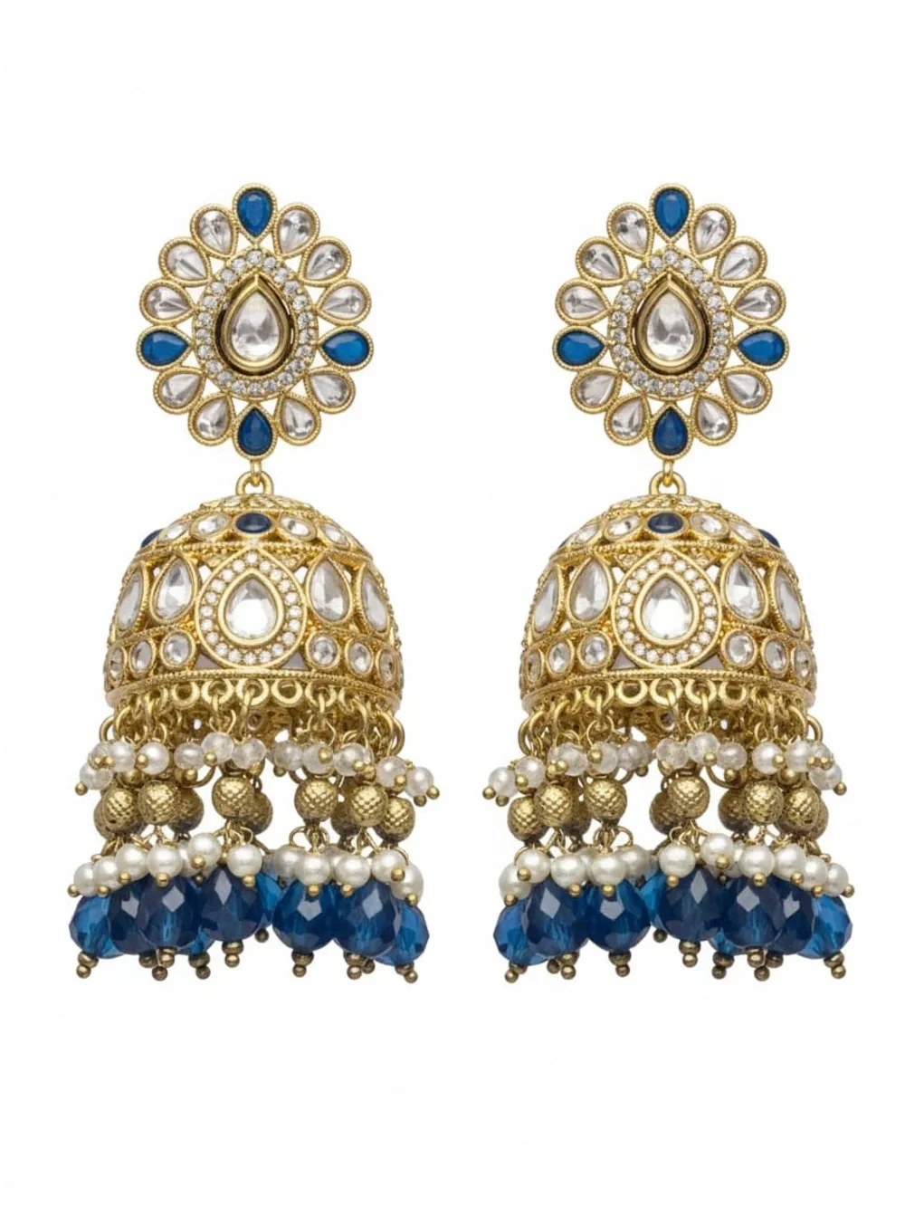 Gold and Blue Kundan Jhumka Earrings